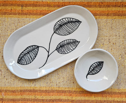 Black Leaves Plate and Bowl Set