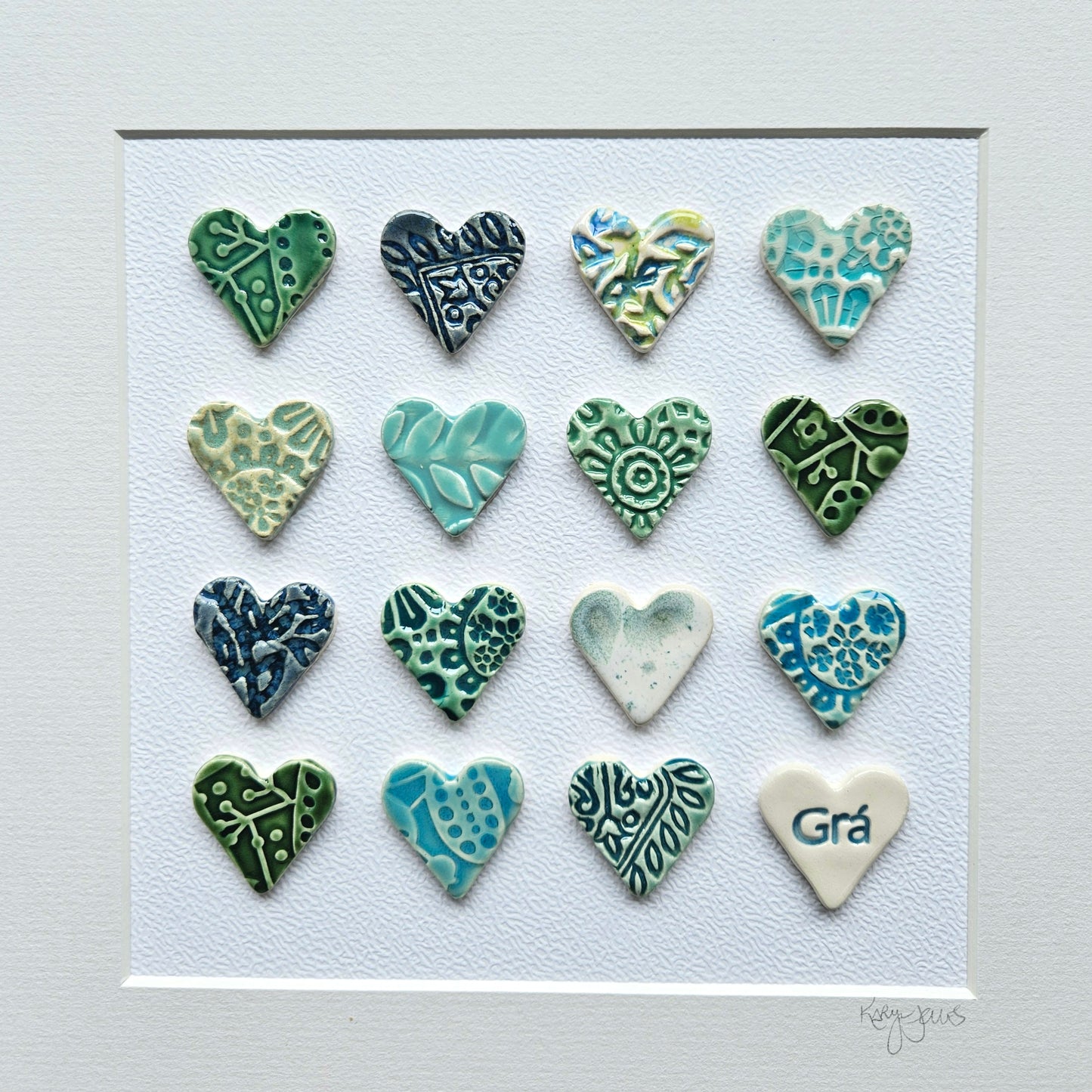 Framed Hearts in Sea colours with Grá